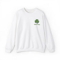 Embroidered green shamrock above bold “Irish True” text in matching green, perfect for St. Patrick’s Day or everyday Irish pride. This embroidered design stands out on a cozy white sweater, celebrating Irish heritage.