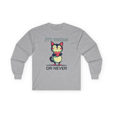 Sports Grey long-sleeve Valentine's shirt featuring an adorable cat-themed design. The front showcases a cute black and white cartoon cat with rosy cheeks, holding a red heart and smiling sweetly. Above and below the cat, playful text reads "IT'S MEOW OR NEVER" in a fun, romantic font. This cat lovers' shirt is perfect for Valentine's Day, offering a charming and lighthearted way to celebrate love and affection with a feline twist.