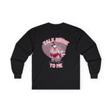 Women's Valentine's Day shirt featuring a humorous and flirty design. The black long-sleeve t-shirt showcases a cartoon-style bird dressed in red lace lingerie with a playful expression, complete with a red bow on its head. The background includes a large pink heart with floating smaller hearts, adding to the romantic theme. Light pink text above and below the bird reads "TALK BIRDIE TO ME," making this a fun Valentine's shirt perfect for bird lovers and those with a cheeky sense of humor.