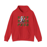 Red hoodie featuring a cool cat walking and smoking cannabis with the bold text 'PUFF PURR PASS.' A fun design for cat and cannabis lovers, combining humor and relaxation in a striking graphic for casual wear.