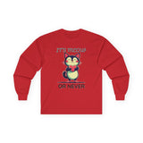 Red long-sleeve Valentine's shirt featuring an adorable cat-themed design. The front showcases a cute black and white cartoon cat with rosy cheeks, holding a red heart and smiling sweetly. Above and below the cat, playful text reads "IT'S MEOW OR NEVER" in a fun, romantic font. This cat lovers' shirt is perfect for Valentine's Day, offering a charming and lighthearted way to celebrate love and affection with a feline twist.