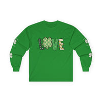 Irish green long-sleeve T-shirt with Irish-themed design featuring the word LOVE on the front, patterned letters with the ‘O’ replaced by a green  & yellow shamrock, perfect for St. Patrick’s Day or Irish pride. 
Sleeve design showcasing a four-leaf shamrock with the words ‘Live + Laugh + Love Irish’ encircling it.