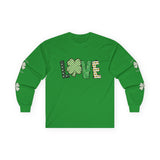 Irish green long-sleeve T-shirt with Irish-themed design featuring the word LOVE on the front, patterned letters with the ‘O’ replaced by a green  & yellow shamrock, perfect for St. Patrick’s Day or Irish pride. 
Sleeve design showcasing a four-leaf shamrock with the words ‘Live + Laugh + Love Irish’ encircling it.