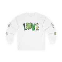 White long-sleeve T-shirt with Irish-themed design featuring the word LOVE on the front, patterned letters with the ‘O’ replaced by a green  & yellow shamrock, perfect for St. Patrick’s Day or Irish pride. 
Sleeve design showcasing a four-leaf shamrock with the words ‘Live + Laugh + Love Irish’ encircling it.