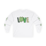 White long-sleeve T-shirt with Irish-themed design featuring the word LOVE on the front, patterned letters with the ‘O’ replaced by a green  & yellow shamrock, perfect for St. Patrick’s Day or Irish pride. 
Sleeve design showcasing a four-leaf shamrock with the words ‘Live + Laugh + Love Irish’ encircling it.