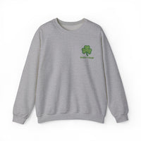 Embroidered green shamrock above bold “Irish True” text in matching green, perfect for St. Patrick’s Day or everyday Irish pride. This embroidered design stands out on a cozy grey sweater, celebrating Irish heritage.