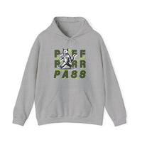 Grey hoodie featuring a cool cat walking and smoking cannabis with the bold text 'PUFF PURR PASS.' A fun design for cat and cannabis lovers, combining humor and relaxation in a striking graphic for casual wear.